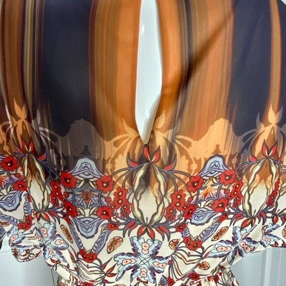 BEBE Dress Multi Coral Yellow Red Brown Black Mesh Tassels Mini Size XS EUC! - Picture 8 of 14